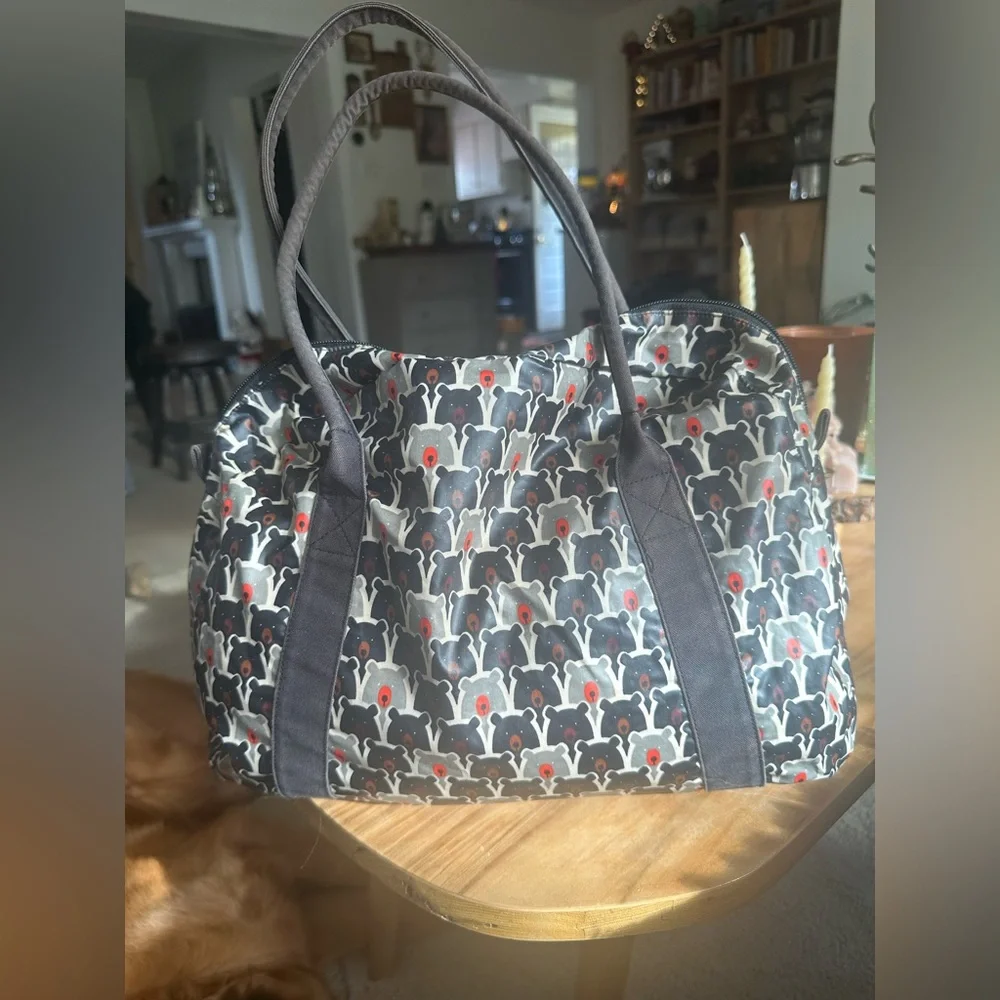 Papa pique et Maman Coud bowling purse French Bear print brown grey black red